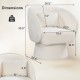 Beige swivel accent chair with curved back, removable lumbar pillow, and dimensions for ergonomic support and comfort.