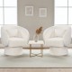 Beige swivel accent chairs with curved backs and removable lumbar pillows, ideal for stylish and comfortable seating.