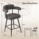 Swivel bar stool with curved back and arms in grey, featuring a metal frame and adjustable foot pads for stability.