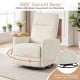 Beige swivel rocking chair with cushioned back, 360° swivel base, and adjustable footrest for nursery comfort.
