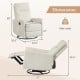 Beige swivel rocking chair with cushioned back, reclining feature, and dimensions for nursery or living room use.