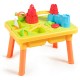 Colorful sand and water play table for kids with castle molds, made from eco-friendly PP material for safe outdoor fun.
