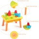 Colorful sand and water play table for kids, made of safe PP material, featuring sand castle molds and waterproof plug.