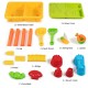 Colorful sand and water play table set with beach toys, including molds, shovels, and a sailing boat for kids' fun.