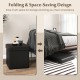 Upholstered square footstool in black PVC leather, showcasing its folding design for easy storage and versatile use.