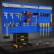 Navy wall-mounted pegboard kit with tools organized, featuring 3 metal boards and 28 assorted hanging accessories.