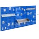 Wall-mounted navy pegboard kit with three 16" x 23.5" boards and 28 assorted accessories for garage organization.