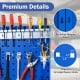 Wall-mounted pegboard kit in navy with tools organized, featuring pre-drilled holes and assorted hanging accessories.