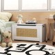 Kids rattan toy storage box in white with flip top lid, ideal for organizing toys in a child's room or playroom.