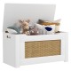 Kids rattan toy storage box in white with flip top lid, featuring safety hinge and cut-out handles for easy access.