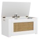 Kids rattan toy storage box in white with flip top lid, safety hinge, and cut-out handles for easy access and.
