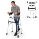 Folding height adjustable walking frame with armrest support in silver, designed for stability and easy mobility.