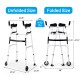 Folding height adjustable walking frame with armrest support, silver, shown in unfolded and folded sizes for easy.