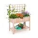 Elevated wooden planter box with trellis, featuring a deep planting area and bottom shelf for gardening tools.