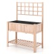 Elevated wooden planter box with trellis, measuring 48" x 23" x 63", perfect for growing climbing plants and storing.
