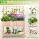 Elevated wooden planter box with trellis, 48" x 23" x 63", ideal for growing plants and storing gardening tools.