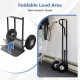 P-handle hand truck with foldable load plate, heavy-duty metal construction, ideal for warehouse and garage storage.