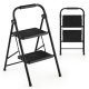2-step ladder viewed from the side, featuring a heavy-duty metal frame and wide anti-slip pedals for enhanced safety.