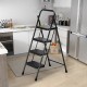 Portable folding 4 step ladder stool in black with anti-slip pedals, ideal for kitchen use and easy storage.