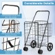 Folding black shopping cart with dual storage baskets, ergonomic handle, and swiveling wheels for easy transport.
