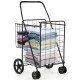 Folding black shopping cart with dual storage baskets, ideal for laundry and groceries, featuring swiveling wheels for.