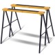 Heavy-duty steel sawhorse set with folding legs, supports 275 lbs each, ideal for portable workspace solutions.
