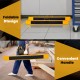 Heavy-duty steel sawhorse with folding legs, portable design, and convenient handle for easy transport and setup.