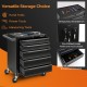 5-drawer black tool storage cabinet with central locking, pre-drilled holes, and temporary workbench for versatile use.