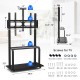 Mobile TV stand with adjustable camera shelf and AV shelves, suitable for 32"-80" TVs, featuring lockable wheels.