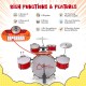 Kids Jazz Drum Keyboard Set in red with drum set, keyboard, microphone stand, and stool for musical fun and learning.