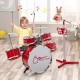 Kids jazz drum set in red with stool and microphone stand, featuring 8 drum sounds and adjustable height for fun music.