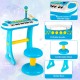 Kids piano keyboard toy in blue with 31 keys, microphone, and comfortable stool for musical fun and development.