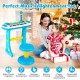 Kids piano keyboard toy in blue with microphone, featuring 31 keys, adjustable volume, and stool for musical fun.