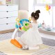 Kids steering wheel pretend play toy set with lights and sounds, featuring a comfortable stool for indoor fun.