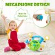 Kids steering wheel pretend play toy set with lights and sounds, featuring a megaphone and comfortable stool for fun.
