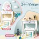 Kids 2-in-1 princess vanity table and writing desk set in white with removable mirror and storage for endless fun.