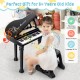 Kids piano keyboard with 31 keys, microphone, and stool in black, perfect for children aged 3+ for music learning.
