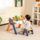 Kids art easel with reversible building block tabletop, featuring a child playing and colorful blocks for creative.