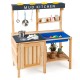 Wooden outdoor mud kitchen playset for kids with stove, shelves, and kitchenware, ideal for imaginative play.