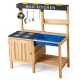 Wooden outdoor mud kitchen playset with stove stencils, storage shelves, and stainless steel cooking wares for.