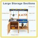 Wooden outdoor mud kitchen playset with stove, sink, and storage shelves for imaginative play and skill development.
