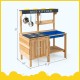 Wooden outdoor mud kitchen playset with stove stencils, storage shelves, and stainless steel cookware for imaginative.