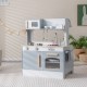 Double-sided kids pretend kitchen playset in gray with oven, microwave, and abundant accessories for imaginative.