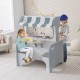 Double-sided kids pretend kitchen playset in gray with two seats, featuring a foldable awning and realistic cooking.