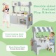 Double-sided kids pretend kitchen playset in gray with cooking and cafe modes, promoting hands-on and social skills.