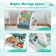 4-tier bookshelf with colorful books, featuring 2 large storage baskets and a pen container for organized play.