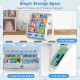 4-tier bookshelf with 2 large storage baskets and pen container for organizing kids' books and art supplies.