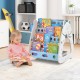 Colorful 4-tier book rack with a child reading, featuring a 3-in-1 design for creativity and storage in a playroom.