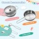 Stainless steel pot with lid and pan, plus three kitchen utensils for kids' cooking playset accessories.