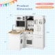 Wooden kid's corner kitchen playset with stove and refrigerator, designed with L-shaped layout for convenient storage.
